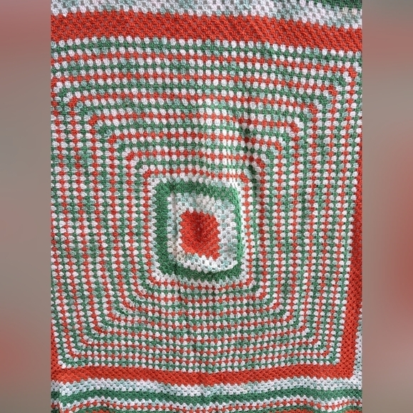Vintage Handmade Retro Green Orange Crochet Afghan Blanket Throw 42x42 - Picture 3 of 4